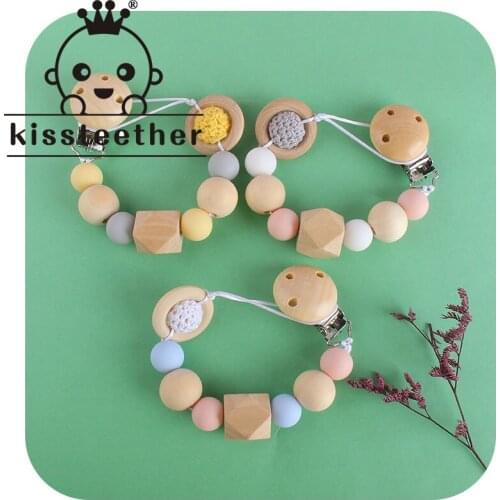 Kissteether 1pc Baby Pacifier Dummy Luxury Nipple Chain Soother Feeder Pacifier Silicone Crochet Beads Hemu Wood Ring Food Grade