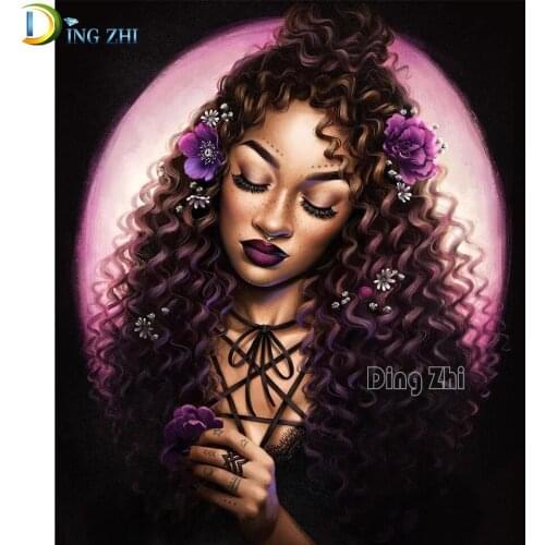 Diamond Painting Cross Stitch African Portrait Woman 5D Diy Diamond Embroidery Purple Flowers Beauty Rhinestone Mosaic Gifts