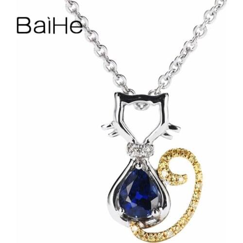 BAIHE Solid 14K White Gold About 0.40-0.45ct Natural Sapphire Fine Jewelry Trendy Beautiful sapphire diamond Gift Pendant