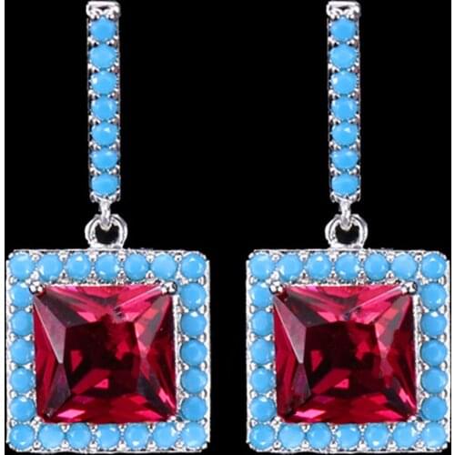 Brasil Lady Brincos Punk Silver Color Long Dangle Earrings for Women Square Princess Colored Stone Drop Aretes Statement Jewelry