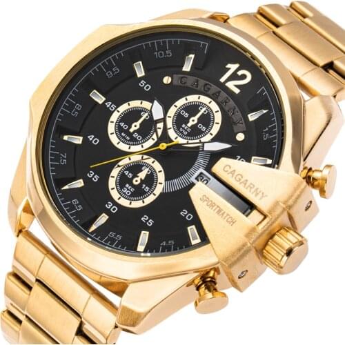 Cagarny Gold Watch Men Luxury Top Brand Stainless Steel Mens Quartz Watch With Calendar Big Dial Male Watch Military Wristwatch