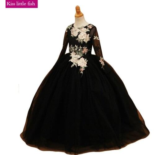 2019 Free shipping Long sleeve Black Girl dresses for party and wedding Pageant dresses for girls