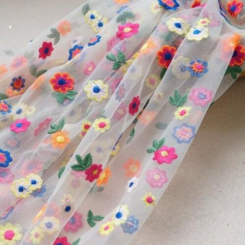 Colorful Flowers Embroidered Nude White Tulle Lace Fabric High Quality French Multicolor Floral Mesh Fabric for DIY Girl Dress