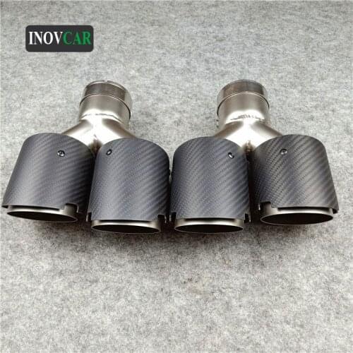 Double Matte Carbon Fiber + Silver Stainless Steel Car Universal Exhaust Pipe Dual End Tip For B-MW B-ENZ H-onda 2pcs