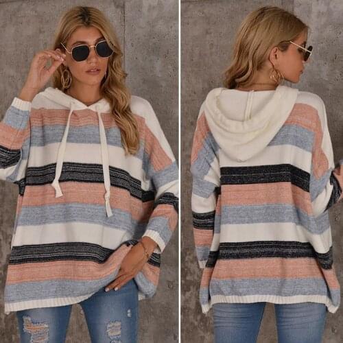 Hooded Striped Knitted Sweater Women Autumn Fashion Sweaters Pullover Tops Jumper Loose Hooded Sweaters