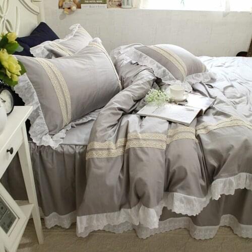 WINLIFE Grey Lace Bedding Set Lace Ruffle Duvet Cover Embroidery Bedding Elegant Bedspread Bed Skirt Princess Bed Textile Sale