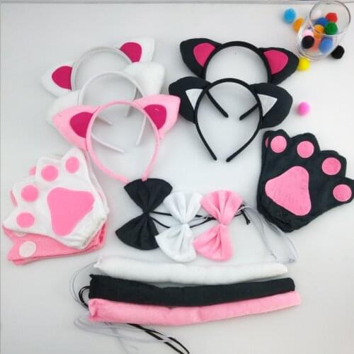 Girls Kids Birthday Black Pink White Cat Costume Set Ear Headband Skirt Bow Gloves Tail Fancy Dress Outfit Halloween Christmas