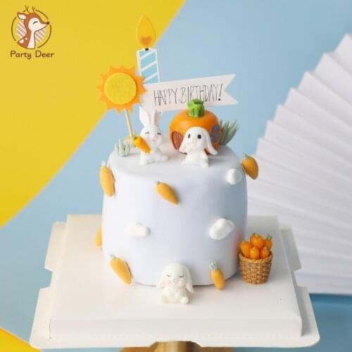 Bunny rabbit Korean carrot house birthday party Sun Cake Toppers Happy Birthday Party Decorations for Kid Baby Baking Love Gifts