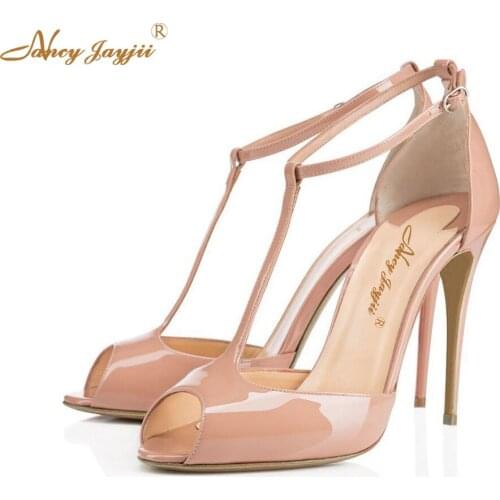 Womens Buckle T-Strap Stiletto High Heels 12cm Patent Spring Summer Autumn Dress Sandals Handmade For Wedding Party Dress Shoes