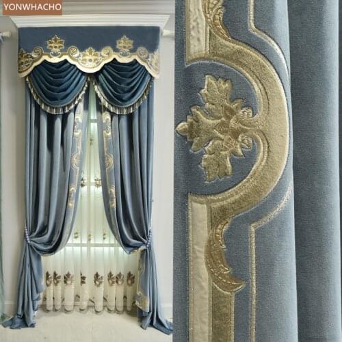 Custom curtains luxury American Flocking Applique Embroidery thick velvet blue cloth blackout curtain tulle valance drape B714