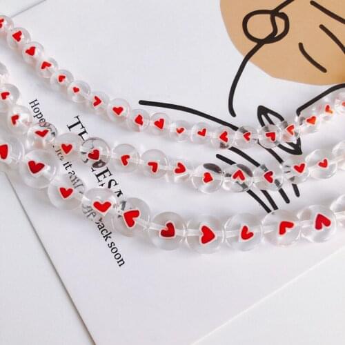 Simple Transparent Round Beaded Red Heart-shaped Glass Flat Bead Necklace Bracelet Material Accessories