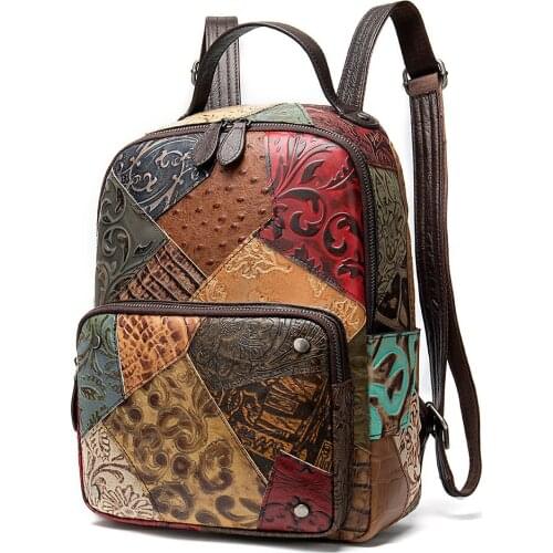 Retro Style 100% Genuine Leather Backpacks Womens bags Random Patchwork Leather Women Backpack Brand Cowhide Lady rucksack 2020