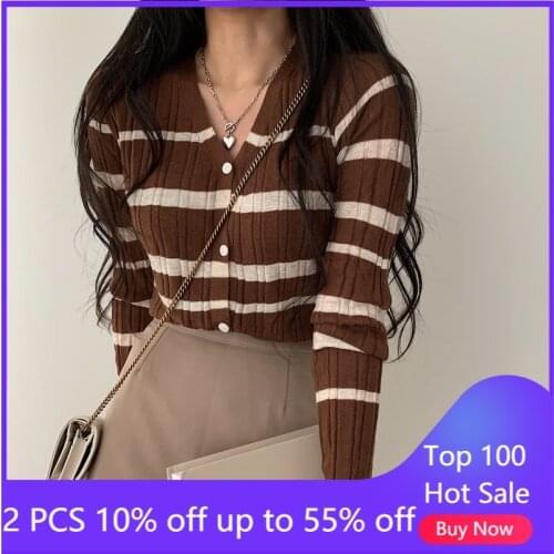 Sweater coat for women spring autumn casual stripe female thin jacket v-neck knitted sweater jackets 3007