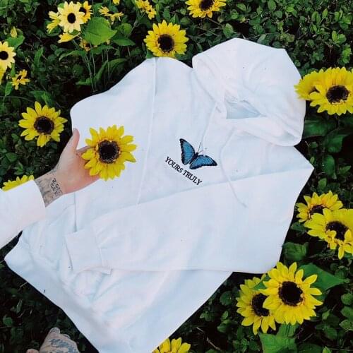 90s Aesthetic Vintage Butterfly Graphic YOURS TRULY Letter Hoodie Streetwear Cute Sweet Fun Harajuku Sweatshirt Hooded Pullover