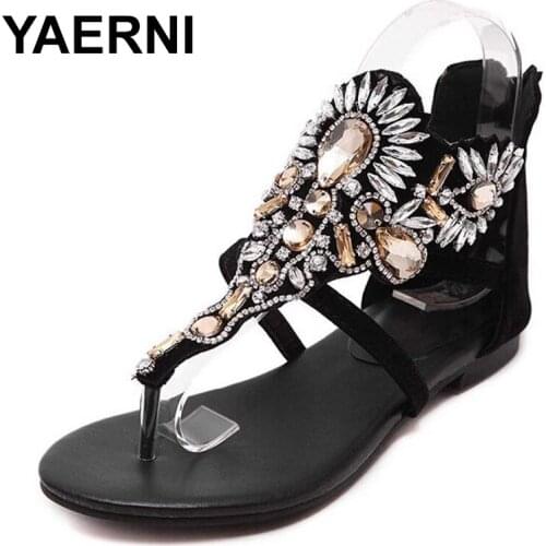 YAERNI 2019 Luxury Diamond Roma Women Sandal Designer Brand High Quality Buckle Strap Female Flat SandalsE1132