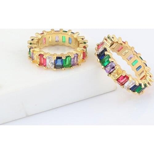 Inlay Colored Thin Baguette Rainbow CZ Gold Rings For Women Dance Party Engagement Wedding Band Charm Couple Jewelry Accessories