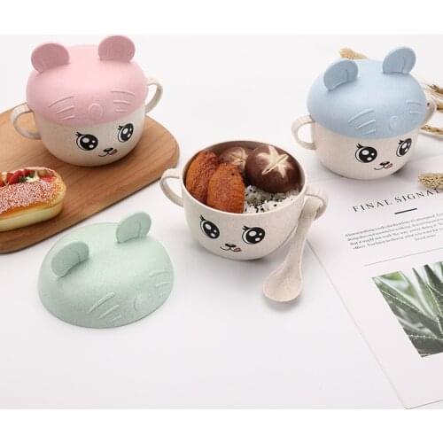 2Pcs/Set Baby Feeding Food Tableware Wheat Cartoon Kids Dishes Children Eating Dinnerware Set Anti-hot Plate Training Bowl+spoon