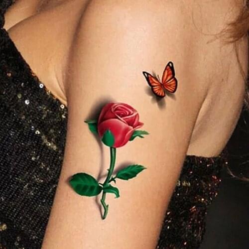 3D Temporary Removable Waterproof Colorful Body Art Butterfly Flower Tattoo Sticker 3D Butterfly Rose Flower for Women Body