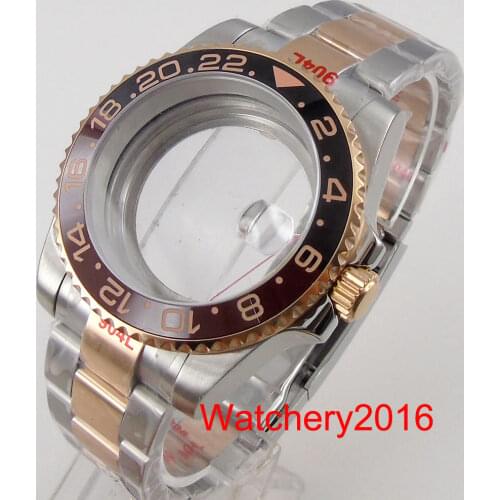 BLIGER Two Tone Oyster Strap Automatic Watch Case Rose Gold Fit NH35A Seeing/Solid Back Sapphire Glass Rootbeer Insert
