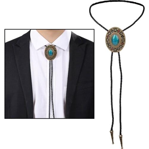 Blue Natural Turquoise Enamel Pattern Bolo Tie Western Cowboy Vintage Handmade Leather Rope Necktie Mens Accessories