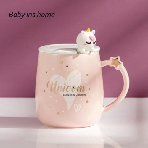 Milk Water Coffee Tea Cup 420ml Cute Pink Kawaii Unicorn Ins Ceramic Cup Student Korean Style Cartoon Mug with Lid Spoon Home