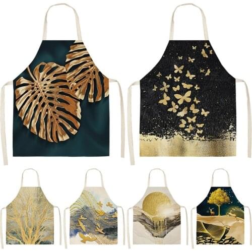 Golden Deer Butterfly Kitchen Aprons For Women Cotton Linen Bibs Household Cleaning Pinafore Home Cooking Apron XHWQ08