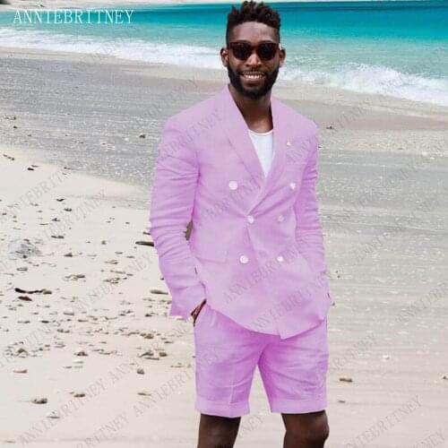 ANNIEBRITNEY Summer Mens Suits With Short Pants 2019 Violet Double Breasted Casual Man Blazer Sets Tailored Slim Linen Tuxedos