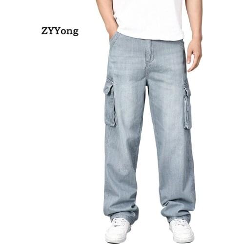 Mens Large Size Baggy Jeans Straight Multi-pocket Gray Streetwear Jogger Hip Hop Skateboard Denim Trousers loose Wide leg pants