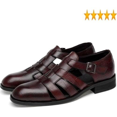 Genuine 2021 New Summer Leather Gladiator Pointed Toe Business Casual Buckle Leisure Shoes Mens Beach Sandals Male