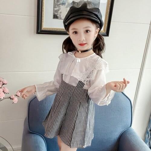 Autumn Baby Girl Long Flare Sleeve Lace Design T-shirt Blouse Plaid Print Strap Skirts Casual Outfits Set