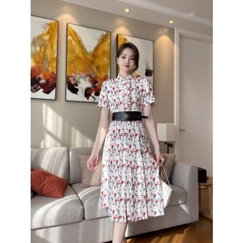 Floral Dress 2021 Summer New Floral Printed Lotus Leaf Collar Waist Waist and Thin Mid-Long Holiday Dress + Sashes