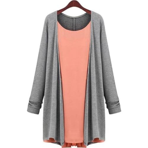 Dresses XL-4XL Women Fashion Stitching Dress Patchwork Knitwear Knitted Chiffon Long Sleeve Lady Casual Pleated Cardigan