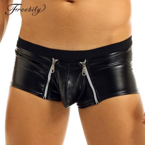Sexy Hot Mens Lingerie Faux Leather Boxer Shorts Mens Zipper Open Crotch Soft Shorts Underwear Underpants Gay Panties