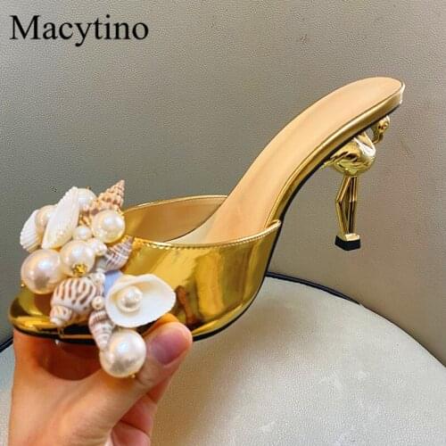 Flamingo heel decorative ladies high-heeled slippers conch decorative pearl round toe high-heeled fashion party slippers