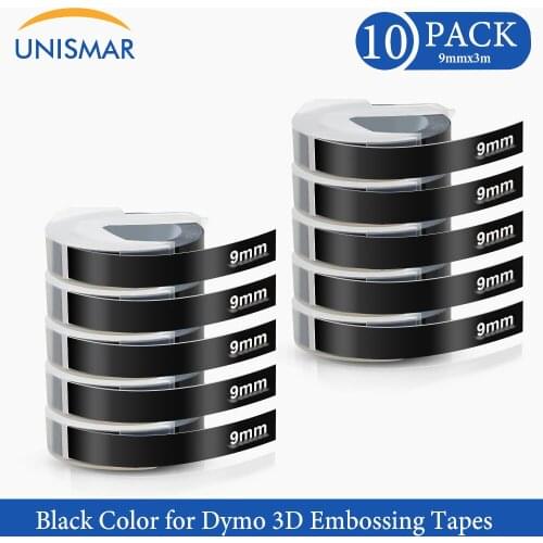Unismar 10PK 9mm White on Black 3D Embossing Tapes Plastic DIY Embossing Labels Compatible for Dymo Motex E101 1540 Label Makers