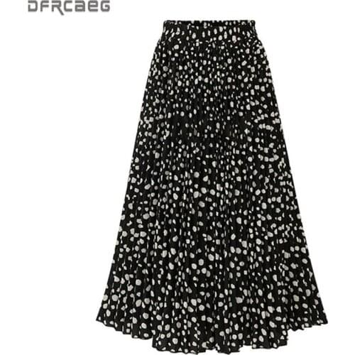 Black Polka Dot Print Pleated Skirt For Women 2019 Summer Elastic Waist Ladies A-Line Skirts FemmeBeach Saia Midi