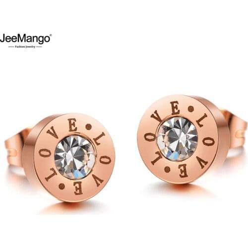 JeeMango Classic Stainless Steel AAA Cubic Zirconia Stud Earrings For Women Romantic Rose Gold Lover Earrings Jewelry JE17106