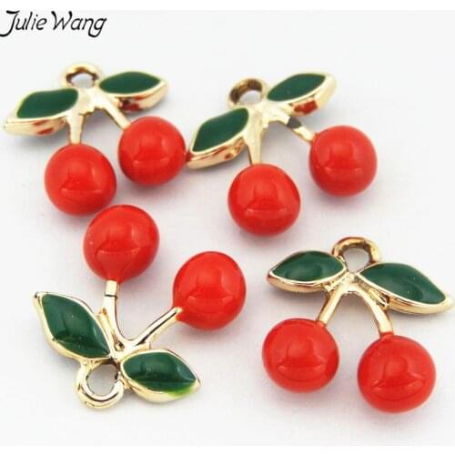 Julie Wang 3PCS Lovely Small Cherry Shape Enamel Zinc Alloy Pendant Charms DIY Women Gift Dangle Necklace Jewelry Bag Finding
