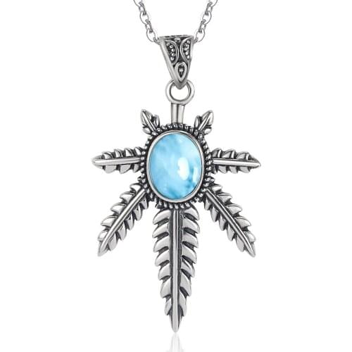 High Quality S925 Sterling Silver Natural Larimar Antique Leaf Pendant For Women Jewelry