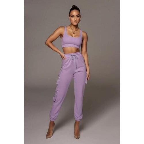 Light Purple Coffee White Black Females 2 Pieces Tracksuit Outfit Sleeveless Tank Vest Crop Top+Multi Pockets Sporty Long Pants
