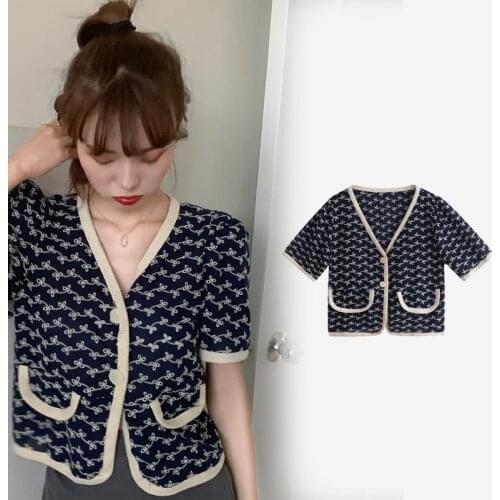 Womens Cropped Sweaters French Retro Short Sleeves Top Fashion Autumn Knitted Cardigans Sweater Elegant Maiden V-neck Tops