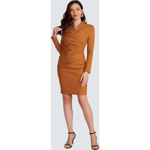 2021 Women Elegant Office Retro Yellow Causal V-neck Long Sleeve Slim Bodycon Dress