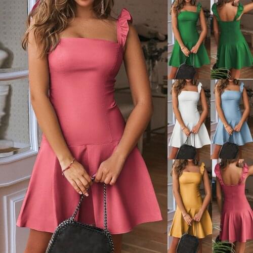 Ladies sexy one-word neck womens summer dress solid color sleeveless mini party dress autumn ruffled elegant dress 2020
