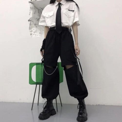 Gothic Streetwear Womens Cargo Pants with Chain Punk Techwear Black Oversize Korean Fashion Wide Leg Trousers 2021 Alt