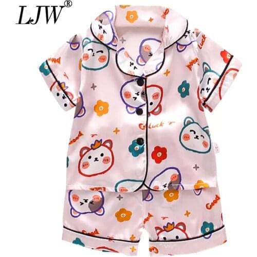 Kids Summer air conditionin for cartoon printing kids suit tops+ trousers 2021 Baby boys&girls Pajamas Ice Silk Tracksuit