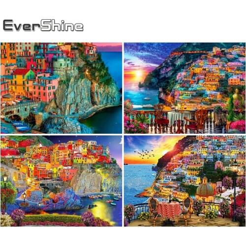 Evershine Full Square Diamond Painting Town 5D DIY Diamond Embroidery Seaside Landscape Mosaic Art Home Decorations