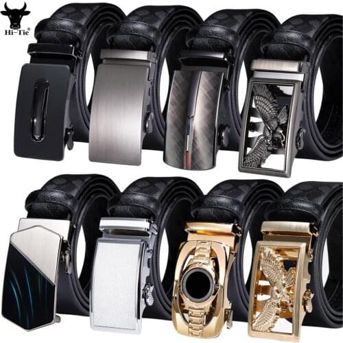 Hi-Tie Designer Black Leather Mens Belts For Men Belt Automatic Ratchet Buckle High Quality Business Male Mens Waist Straps XXL