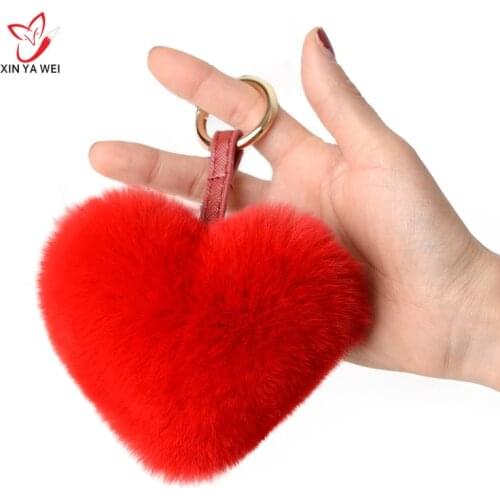 Hot Sale Cute Women 100% Real Rabbit Fur Keychain Pompom Fluffy Heart Shape Car Pendant Key Ring Fashion Jewelry