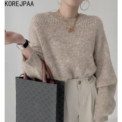 Korejpaa Women Pullover 2021 Autumn Korea Elegant Temperament Ladies Round Neck Loose Solid Color Long-Sleeved Knitted Sweater