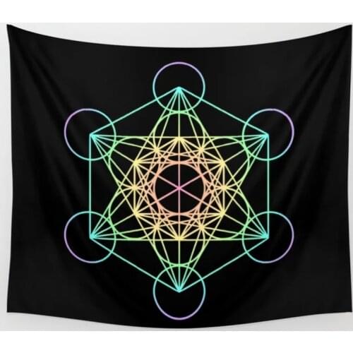 Metatrons Cube Rainbow On Black Tapestry Bedspread Wall Art Coverlet Curtain Blanket Sheet Throw Personalized Table Cloth